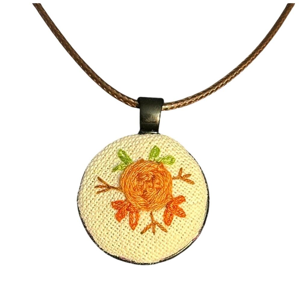 Handmade Orange Rose Embroidered Charm Necklace - Picture 2 of 4